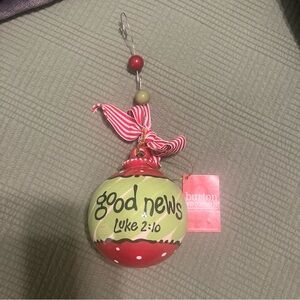 NWT “Good News, Great Joy” Ornament - Red & Green Glass w/ polkadot & ribbon